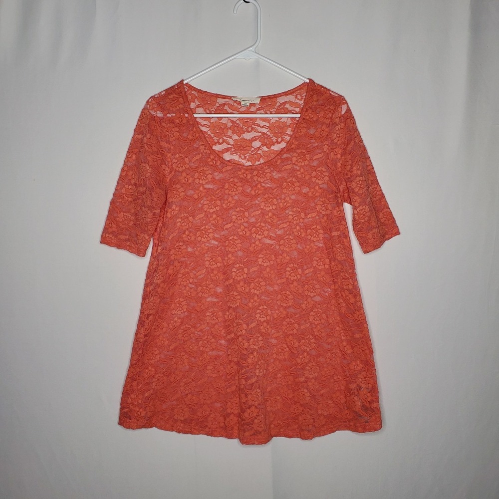 Forever 21 Sheer Lace Top Large Orange Half Sleeve Scoop Neck Y2K Fairy Grunge